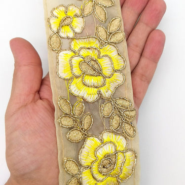 Yellow and Gold Floral Embroidery Trimming, Embroidered Roses Flowers Trim, Sheer Fabric Lace